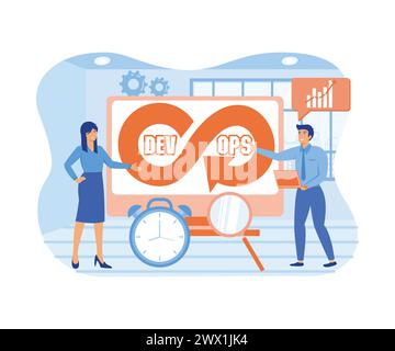DevOps developers work with automation process in shape of infinity sign. Software development. flat vector modern illustration Stock Vector