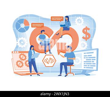 DevOps engineers web design with people. DevOps developers work with computers scene. Development operations composition. flat vector modern illustrat Stock Vector