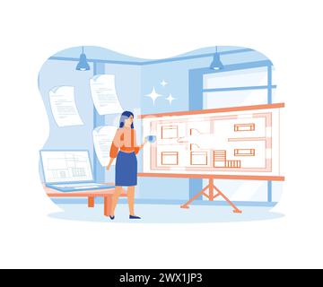 Architect female concept. Professional construction plan development job as technical occupation. Woman workplace with draft sketch. flat vector moder Stock Vector