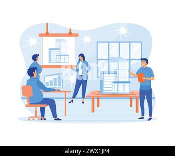 Man Architect Showing Drawing Building on Board to Businesspeople Engineers Group. Team Planning Project and Doing Presentation on Meeting. flat vecto Stock Vector