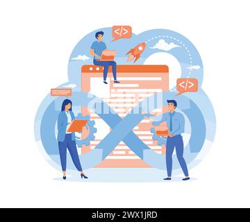DevOps developers characters, software delivery automation process concept. Software development operations workflow. Team cooperating. flat vector mo Stock Vector