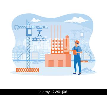 Architect Holding Blueprints near Construction. Engineer Talking on Phone near New Building. Man with Project in Helmet and Suit. Crane Constructing H Stock Vector