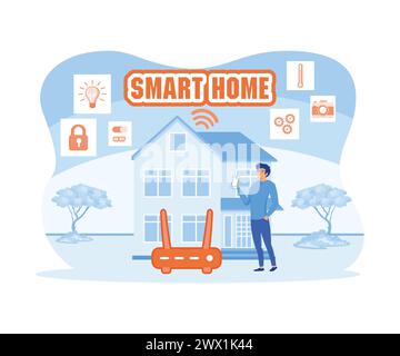 Smart home application, Program on smartphone for security camera, Electric appliance control, Router Wi-Fi internet connected to modern house and bui Stock Vector