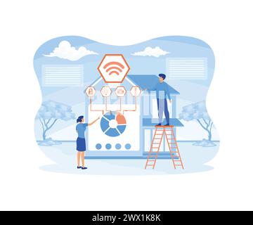 Tiny business people at innovative smart home automation system. Smart home with cognitive intelligence concept. flat vector modern illustration Stock Vector