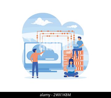 Web hosting concept. Online database, server, web data center, cloud computing, technology, computer, security. Landing page template design. flat vec Stock Vector