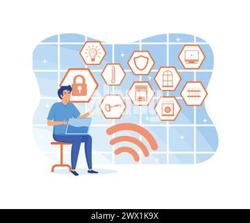 Bearded man with smartphone with smart home control function. Home technology system with smartphone control. flat vector modern illustration Stock Vector