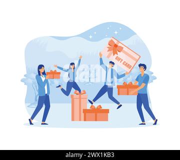 Customer happy about discount card, coupon, voucher, certificate. Earn loyalty program points and get online reward and gifts or bonus. flat vector mo Stock Vector