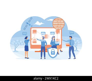 Administration and support of systems, networks and infrastructure at offices. System administration, blockchain technologies. flat vector modern illu Stock Vector