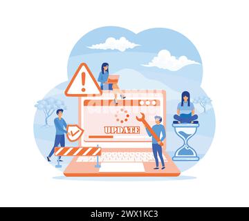 System Update. Tiny programmers upgrading operating system. Technical error and service. Computer laptop screen with updating progress bar. flat vecto Stock Vector