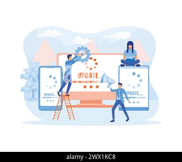 Update software mini people work with upgrade system. flat vector modern illustration Stock Vector