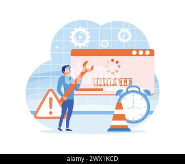 System Update. Tiny programmers upgrading operating system. IT specialists updating software, programs service. Web page with updating progress bar an Stock Vector