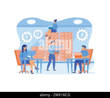 System administration, upkeeping, configuration of computer systems and networks concept. System administrators or sysadmins are servicing server rack Stock Vector