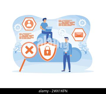 Man holding security shield and developer using laptop. Data and applications protection, network and information security, safe cloud storage concept Stock Vector