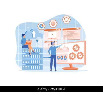 Hosting provider web design concept. Hosting engineers work scene. Website hosting service composition for social media promotional materials. flat ve Stock Vector