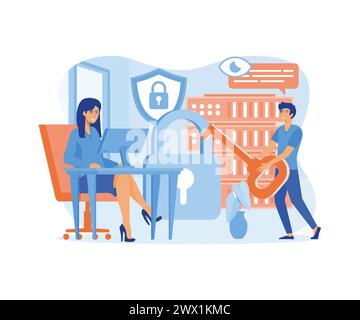 Data Protection decorated people character for website and mobile website development. flat vector modern illustration Stock Vector