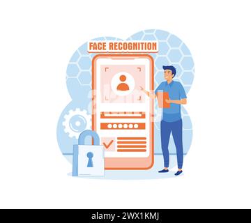 Man standing with a phone, identifies a face. Concept of facial recognition, face ID system, biometric identification. flat vector modern illustration Stock Vector