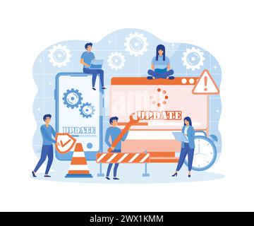 System Update. Tiny programmers upgrading operating system. IT specialists updating software, programs and applications. flat vector modern illustrati Stock Vector