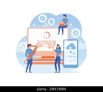 System updates with people updating operation in computing and installation programs. flat vector modern illustration Stock Vector