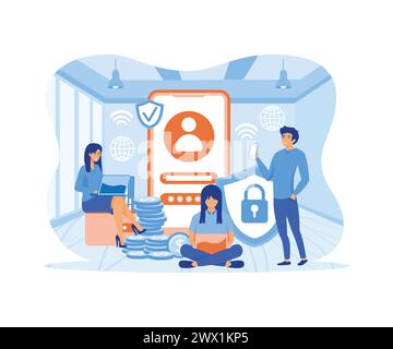 Secure payment concept for web banner design. Man makes online payment confirming his identity with fingerprint. flat vector modern illustration Stock Vector