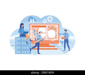 Web hosting or cloud computing poster with system admins. People maintain data technology software. Database storage service concept. flat vector mode Stock Vector