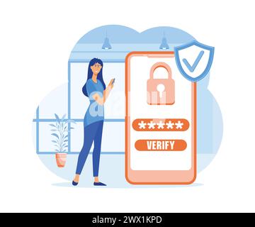 Woman using security OTP one time password verification for mobile app on smartphone screen. flat vector modern illustration Stock Vector