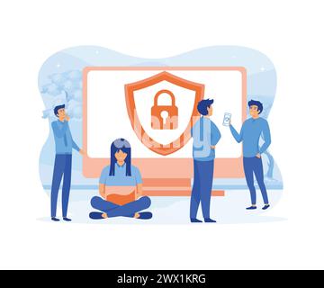 Data security. People and computer with shield and lock. Computer security, data protection, privacy, digital information safety, cybersecurity concep Stock Vector