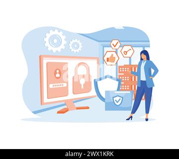 Computer Security, Privacy Data Protection in Internet, Virtual Private Network Concept. Pc Desktop with Shield and Lock on Screen, Protected Archive Stock Vector