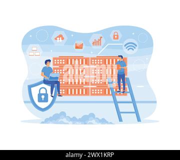 System administrator. People working on computer and doing technical work with server. Configuration of computer systems and networks. flat vector mod Stock Vector
