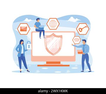 Data Protection Privacy Concept. Confidential and Safe Internet Technologies with Characters Using Computers and Mobile Gadgets. flat vector modern il Stock Vector