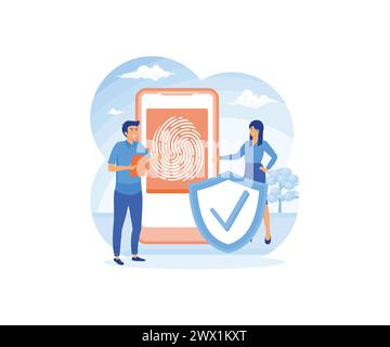 Biometric authentication concept. Privacy and recognition, Biometric access control, Fingerprint screening security system. flat vector modern illustr Stock Vector