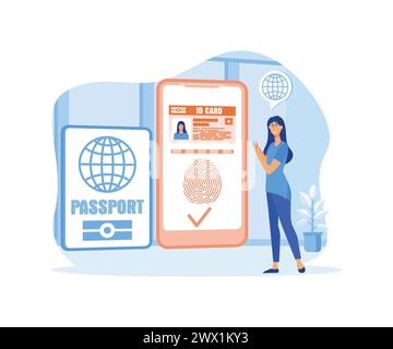 Smart ID card. Biometric documents in smartphone app. Electronic identity card. Digital passport and Driver license. flat vector modern illustration Stock Vector