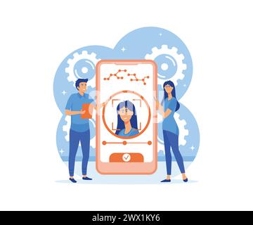 Face recognition and data safety. Mobile phone users getting access to data after biometrical checking. flat vector modern illustration Stock Vector