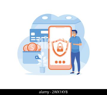 Mobile Data Protection Concept with Guard Character Protect Smartphone With Lock On Screen. Internet Security Service For Information Privacy, Secure Stock Vector