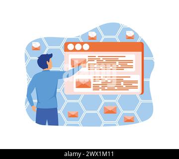 Mail service concept. Man on browser screen checking mailbox online. flat vector modern illustration Stock Vector
