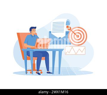 Email marketing, mailing service concept. Manager sending targeted email campaigns, newsletters. Internet marketer using a laptop. flat vector modern Stock Vector