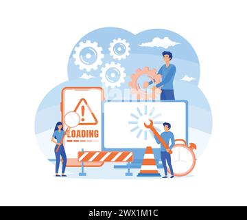 System Update. IT specialists updating software, programs and applications. Technical error and service. Computer, phone screen with updating progress Stock Vector