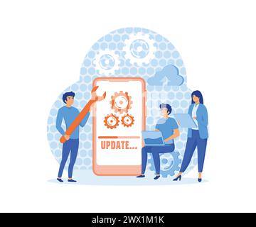 System updates with people updating operation in computing and installation programs. mobile application. flat vector modern illustration Stock Vector