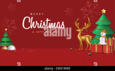 3D Realistic Merry Christmas and Happy New Year Banner with 3D Element Vector Illustration. Stock Vector