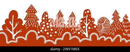 Panorama of forest with different types of trees and bushes. Orange brown on white background. Tree texture consists of white lines, dots, waves, drop Stock Photo