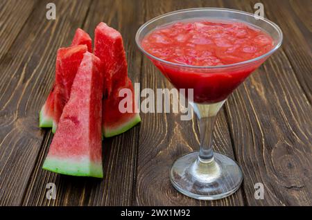 Watermelon smoothies or juice topping with fresh watermelon  for summer drinks concept. Stock Photo