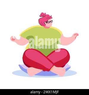 An overweight woman sits in the lotus position on the mat. Yoga class. Lifestyle and self acceptance. Comical character girl. Vector illustration. Stock Vector