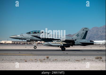 A U.S. Navy EA-18G Growler assigned to Naval Air Station Whidbey Island, Washington, arrives for Red Flag-Nellis 24-1 at Nellis Air Force Base, Nevada Stock Photo