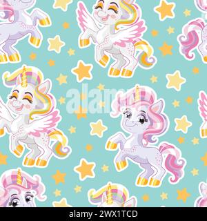 Seamless pattern with cute unicorns and stars turquoise vector Stock Vector