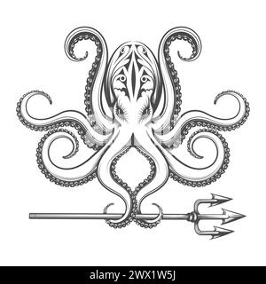 Octopus Holds Trident in Tentacles Engraving Illustration isolated on white background. No AI was used. Stock Vector