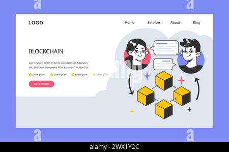 Blockchain web banner or landing page. Cryptocurrency mining, financial transactions, user identification and cybersecurity technology. Flat vector illustration Stock Vector