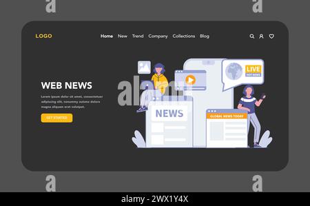 Web News platform night or dark mode web or landing page. Instant global news access and live updates via online portals. Stay informed with the latest digital media trends. Vector illustration. Stock Vector
