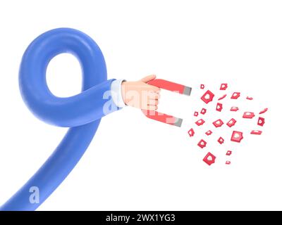 Human hand holding magnet with pin hearts. Concept of concept of attracting an audience. SMM metaphor, revealing the concept of followers.long arms co Stock Photo