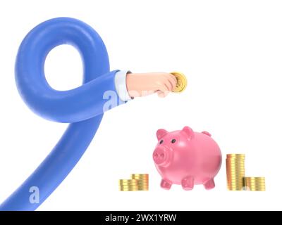 Flat 3d isometric businessman hand putting dollar coin into piggy bank. Financial and money saving concept.3D rendering.long arms concept. Stock Photo