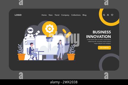 Business Innovation night or dark mode web or landing page. A modern workplace with AI technology fostering creative solutions and adaptive strategies. Vector illustration. Stock Vector