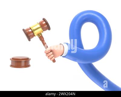 Cartoon Gesture Icon Mockup.Justice. Hand holding judges gavel. 3D illustration flat style design. Symbol of law. Businessman in a suit holds an aucti Stock Photo